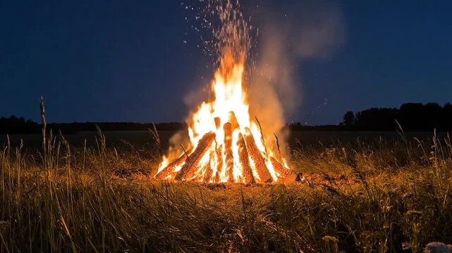 Christian Midsummer Bonfire Glowing with Sparks in Night Field