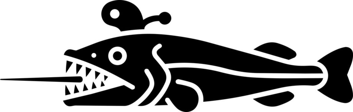 Stylized Black and White Vector Illustration of a Predatory Deep Sea Viperfish with Sharp Teeth
