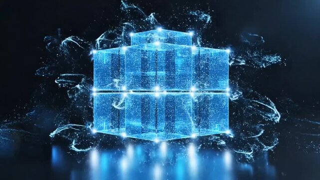 Abstract 3D blue digital cubes representing blockchain data network