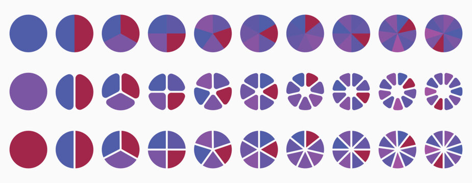 Set of colorful pie charts. Colorful pie charts with varying segments. Circle section graph. Pie chart set. Pie charts diagrams.
