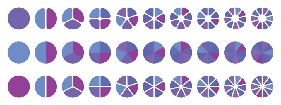 Circle pie chart.1, 2,3,4,5,6,7,8,9,10 sections or steps. Flat process cycle. Progress sectors.