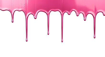 Fototapeta premium Pink Dripping Paint PNG. Top border of glossy pink liquid dripping down isolated for sweet syrup or creative art designs. Wet sticky fluid drop texture PNG.