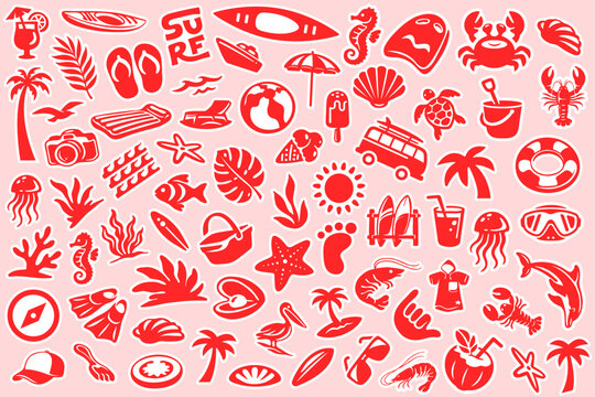 Retro Tropical Beach Holiday Icons Seamless Pattern Background, Vintage Hand-Drawn Summer Fun Flat Vector Doodle Illustration for Textile, Wallpaper, Wrapping, Banner, Web, Print, Advertising Design
