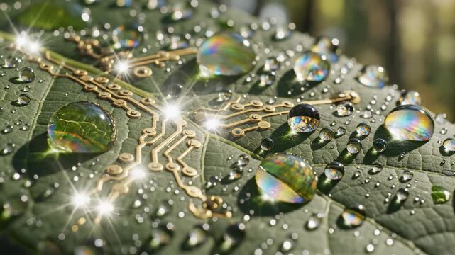 Nature's Circuit: A macro shot showcasing intricate circuits etched onto a verdant leaf, adorned with glistening water droplets, blending the marvels of technology and the serenity of nature.