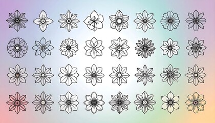 Fototapeta premium Collection of hand-drawn flower illustrations in various styles, rendered in black ink, set against a soft, pastel color gradient background