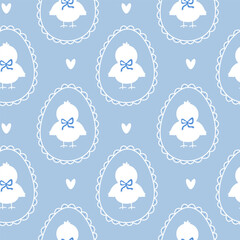 Cute Easter chick seamless pattern with eggs in blue pastel vector background © Vita