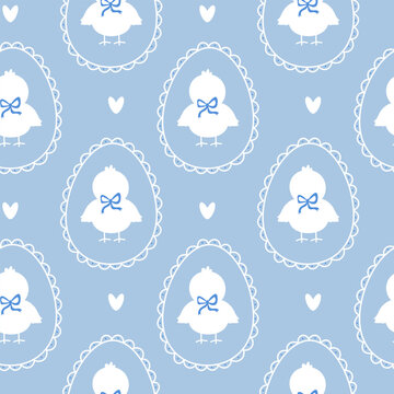 Cute Easter chick seamless pattern with eggs in blue pastel vector background