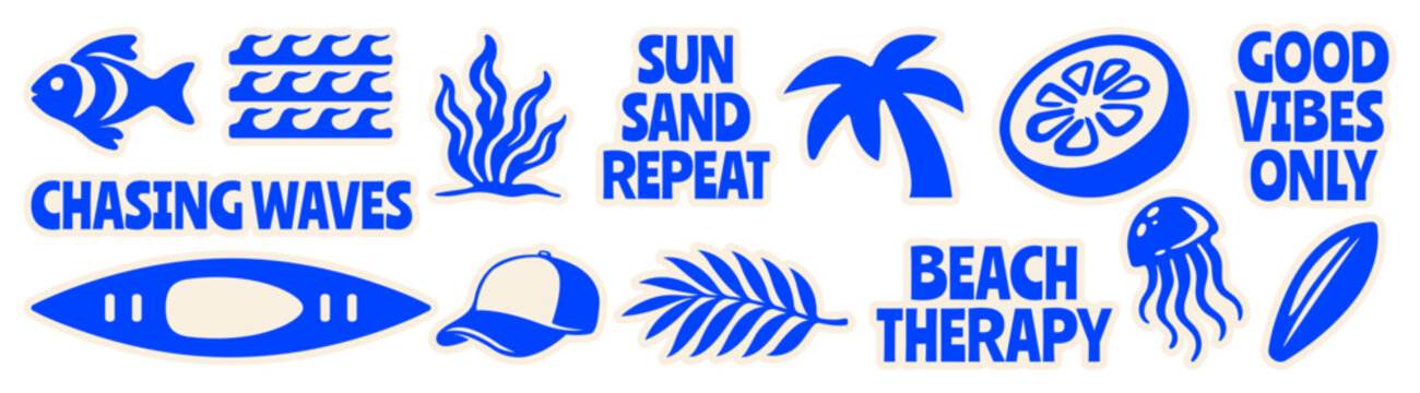 Retro Tropical Beach Vibes Icon Set, Vintage Summer Surf & Ocean Lifestyle Stickers Flat vector Illustration with Fish, Seaweed, Palm Tree, Citrus, Kayak, Cap, Jellyfish, Surfboard, for T-Shirt Print