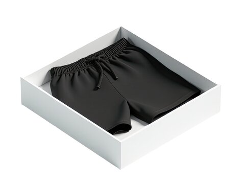 A pair of black shorts sitting inside a white box