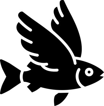 Minimalist Black Vector Silhouette Icon of a Flying Fish with Bird-like Wings Isolated on White Background