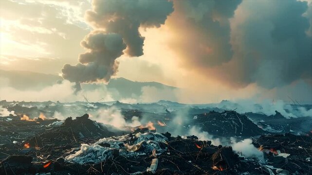 Burning waste emits thick smoke, a dystopian landscape with mountains in background