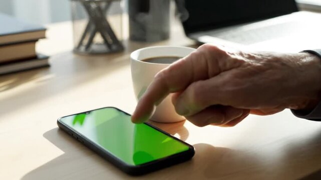 Close-up of hand interacting with a smartphone featuring a green screen for adaptable content display