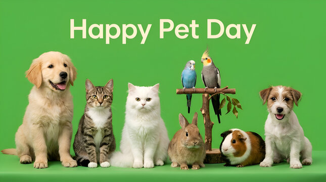 Group of Popular Pets with Golden Retriever Tabby Cat White Cat Rabbit Birds and Guinea Pig on Green Background