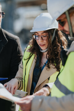 A female construction engineer reviews plans on site while wearing a hard hat and high-visibility vest. She and colleagues consult documents and discuss project details at a construction site.