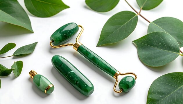 Still life of a jade face roller, gua sha tool, and eye serum bottle, with fresh green leaves on a white background
