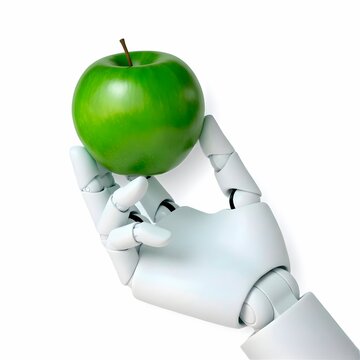Eine Roboterhand, die einen gr&uuml;nen Apfel h&auml;lt