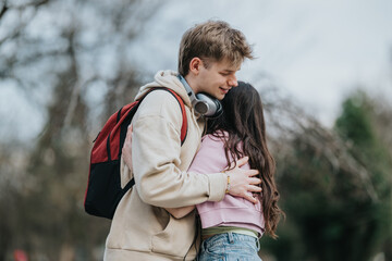 Fototapeta premium Two teenagers hug outdoors while a young man wears headphones and a backpack. Affectionate young couple embrace in a park-like setting, conveying close friendship.