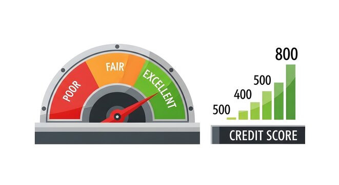 Credit score gauge and graph isolated on white background