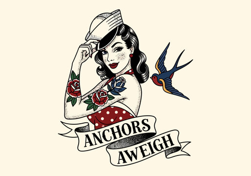 Vintage American Traditional Tattoo Illustration of a Sailor Pin-up Girl with Roses and Swallow Bird, Anchors Aweigh Banner