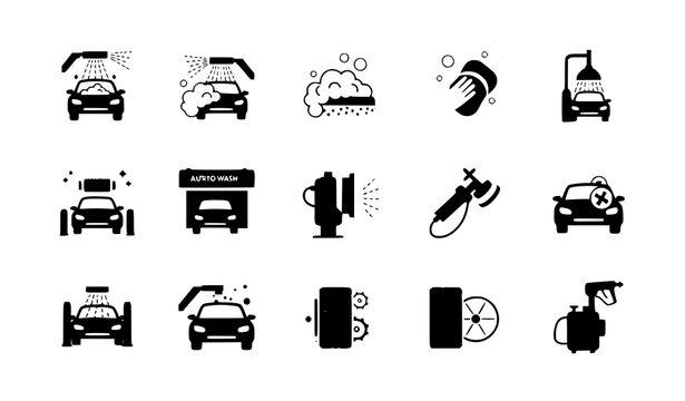 A set of black and white vector icons depicting car wash and cleaning services