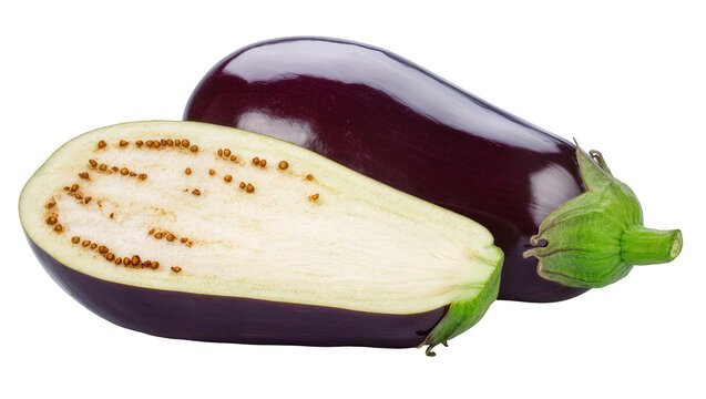 Vibrant purple eggplant halved lengthwise revealing creamy white flesh with tiny seeds, isolated on transparent background for culinary designs