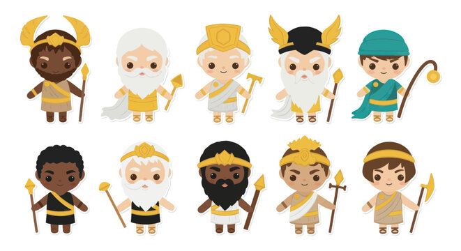 Diverse cartoon gods and goddesses characters.