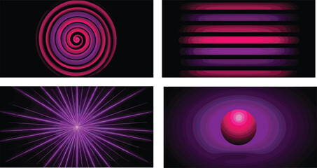 Set of Abstract Cyberpunk Vector Backgrounds Featuring Neon Purple and Blue Line Art Spirals Digital Starbursts and Futuristic Topographic Liquid Waves © Abdullah