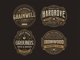 Obraz premium Vintage F&B Artisan Logo Bundle — Set of 4 Victorian Ornate Badge Logos for Bakery, Whiskey Company, Coffee Roastery, and Smokehouse Grill Brand Identity.