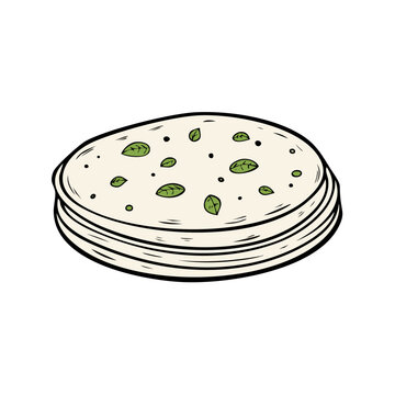 Stack of Flatbreads with Fresh Green Herbs Hand Drawn Illustration
