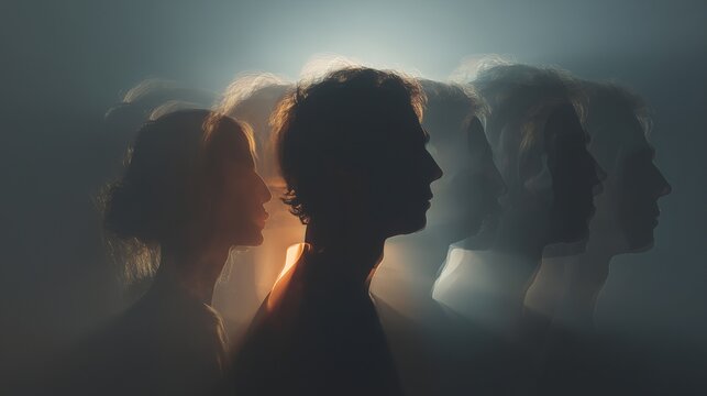 Silhouetted human profile with layered ghosted faces and dramatic lighting symbolizing identity verification, biometric matching and identity confirmation.