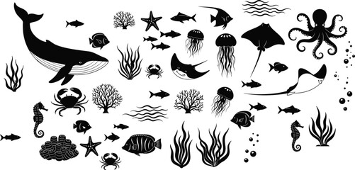 Ocean marine life silhouettes set featuring whale shark octopus jellyfish coral reef fish aquatic animals vector illustration underwater biodiversity collection black design © Tanzila