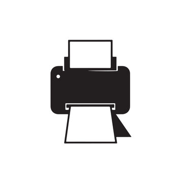 Black printer illustration actively printing paper, isolated on white, showcasing office equipment in use.