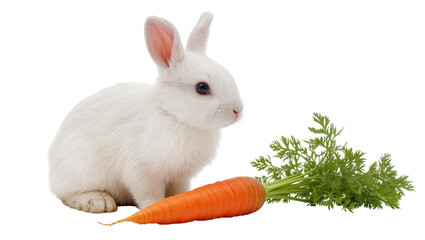 Fluffy snow-white rabbit attentively gazing at a vibrant orange carrot with lush green foliage, isolated on transparent background for springtime designs © Johanna
