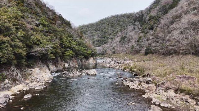 Aerial drone flying low over forest river, forward cinematic nature 30s 4K