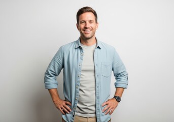 Fototapeta premium Friendly man in casual outfit standing against white background with a smiling man with short