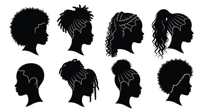 African American women head silhouettes set, side view profile with various natural and styled hairstyles, vector illustration collection isolated on white background
