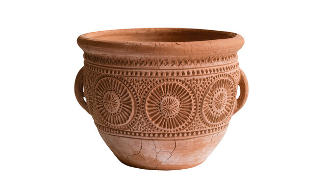 Rustic terracotta planter with intricate radial embossed patterns and two handles, isolated on transparent background for decorative design elements