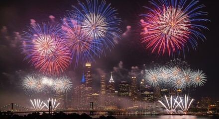 Patriotic Fireworks Display Over Illuminated City Skyline