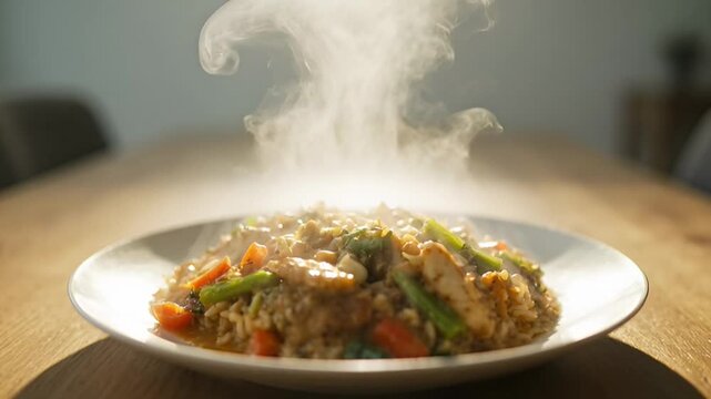 Steaming food plate on wooden table with warm lighting culinary concept