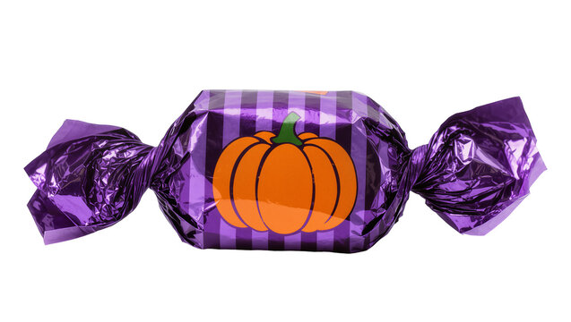 Festive Halloween candy wrapped in purple foil with orange pumpkin graphic, isolated on transparent background for seasonal promotions