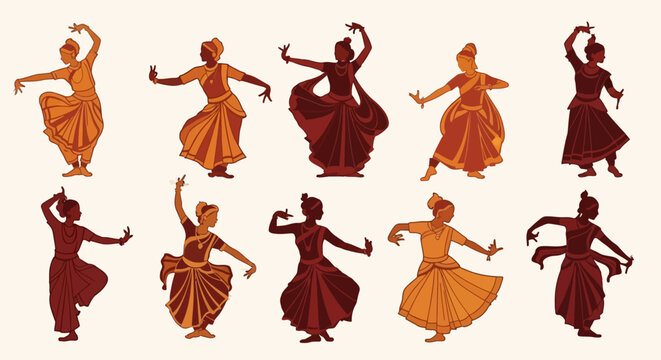 A vibrant collection of stylized Indian classical dancers elegantly performing traditional poses, showcasing the rich cultural heritage and artistic expression.