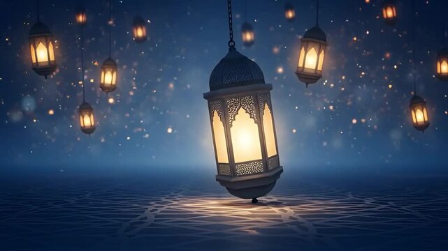 Candles and lanterns glowing at night festive holiday decoration. Dreamlike Ramadan ornamental scene with floating arabesque layers, radiant lantern illumination, soft atmospheric haze, sapphire