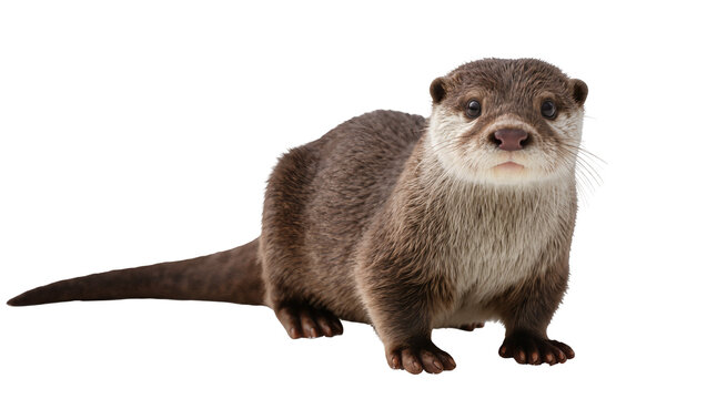 Adorable river otter standing on paws displaying sleek brown fur and a curious expression, isolated on transparent background for wildlife designs