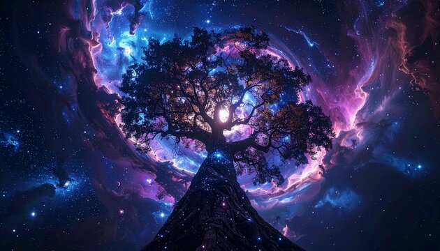 A majestic tree with glowing roots reaching into a vibrant cosmic nebula, surrounded by stars and ethereal light, symbolizing life and the universe.