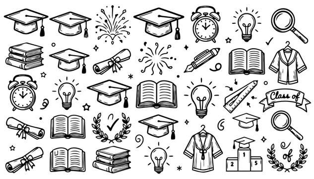 Hand drawn doodle education milestones set, fun sketchy ink pen learning and academic elements with clean black outlines, expressive vector collection, isolated on white background