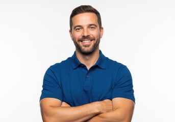 Fototapeta premium Smiling man with folded arms with he is wearing a blue polo shirt