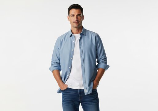 Man in denim shirt with hands in pockets with he looks towards the camera with a neutral expression