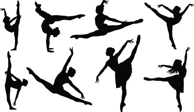 Ballet dancer silhouettes, graceful poses, dance movement, flexibility, black vector art, performance elegance, athletic artistry, handstand, split, arabesque, motion