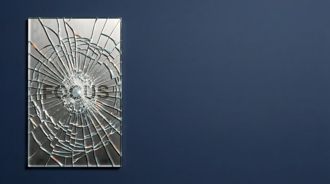 Virtual Meeting Fatigue and Fragmented Focus Concept with Shattered Glass Screen on Navy Background
