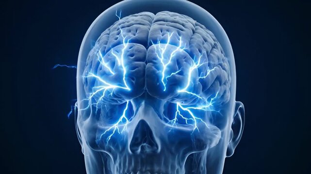 3D transparent human head X-ray visualization showing the brain generating electrical impulses, glowing neural signals traveling rapidly across the cerebral cortex like lightning